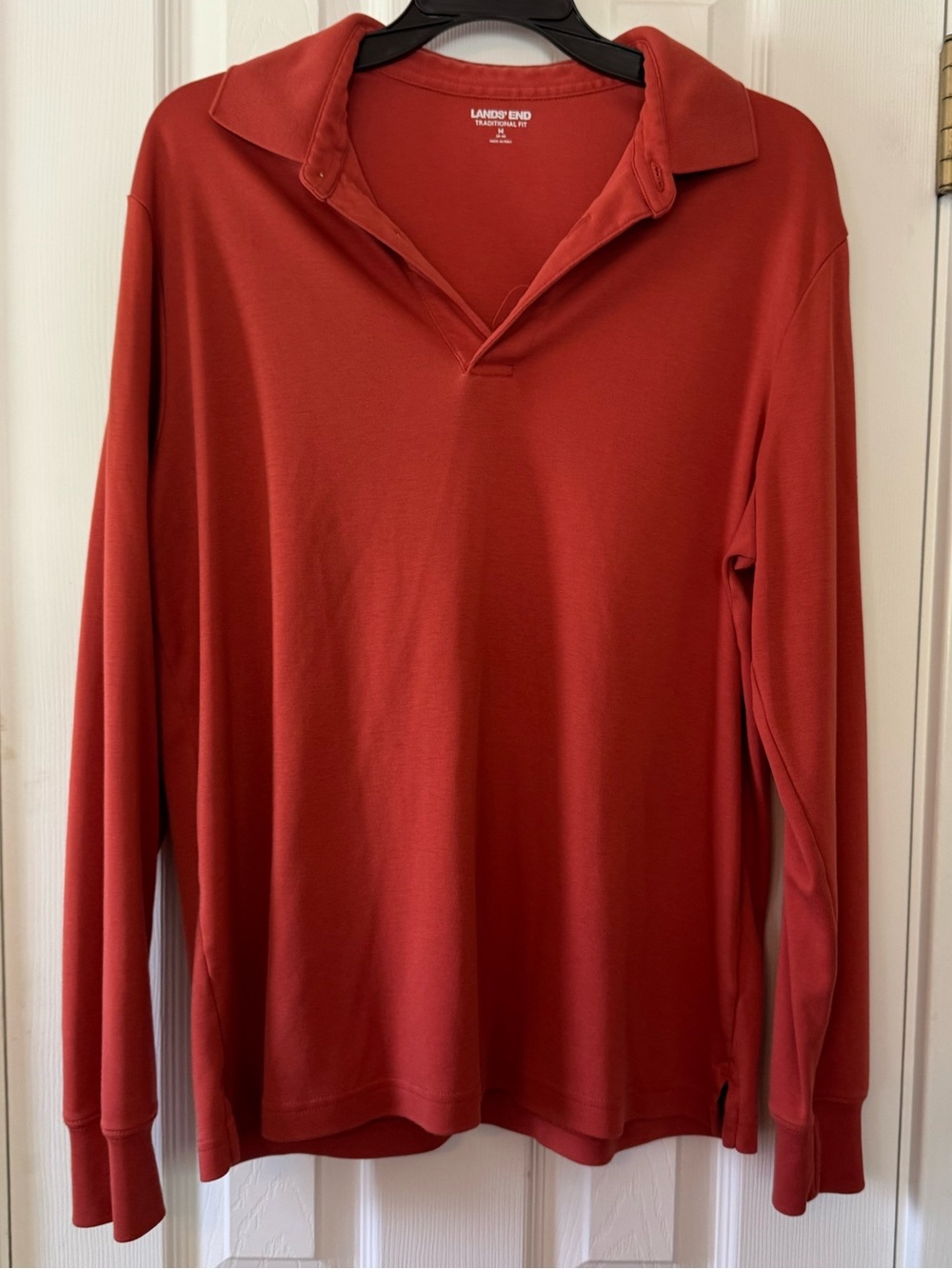 Lands’ End Men’s Polo Long Sleeve Supima Cotton Medium Rust Orange Flaw